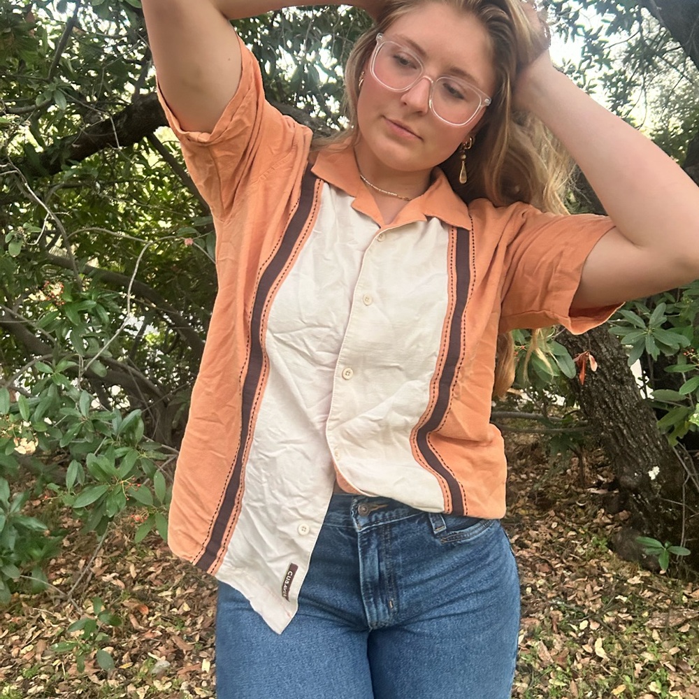 Orange and White Women's Button-Up Top